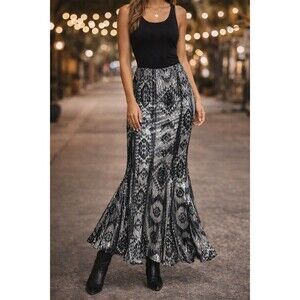 Black Silver Sequin Aztec Boho Mermaid Maxi Skirt Elastic Waist S M
